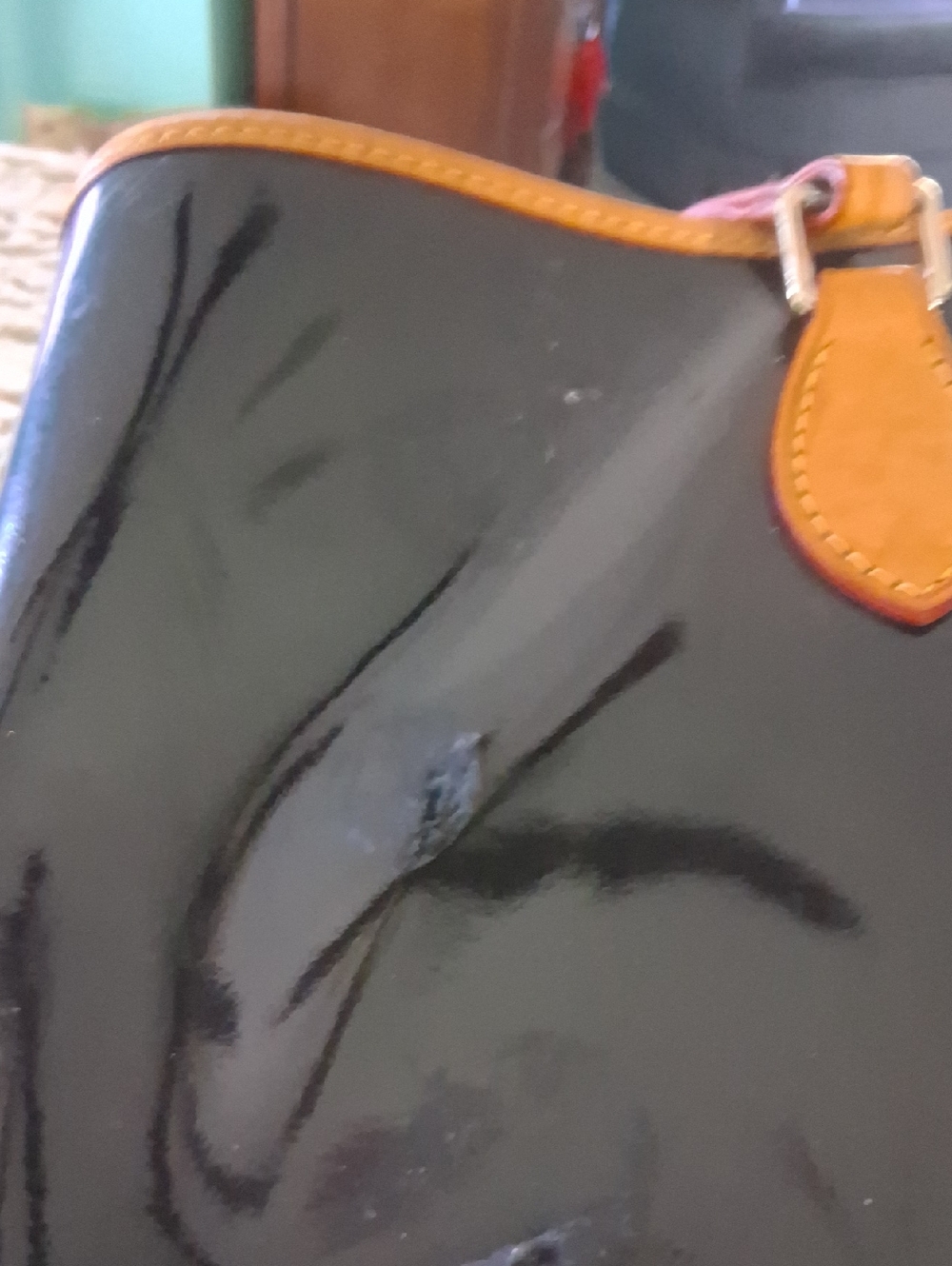 Dooney & Bourke Black Patent Tote with Tan Trim and Heart Charm - Picture 5 of 9